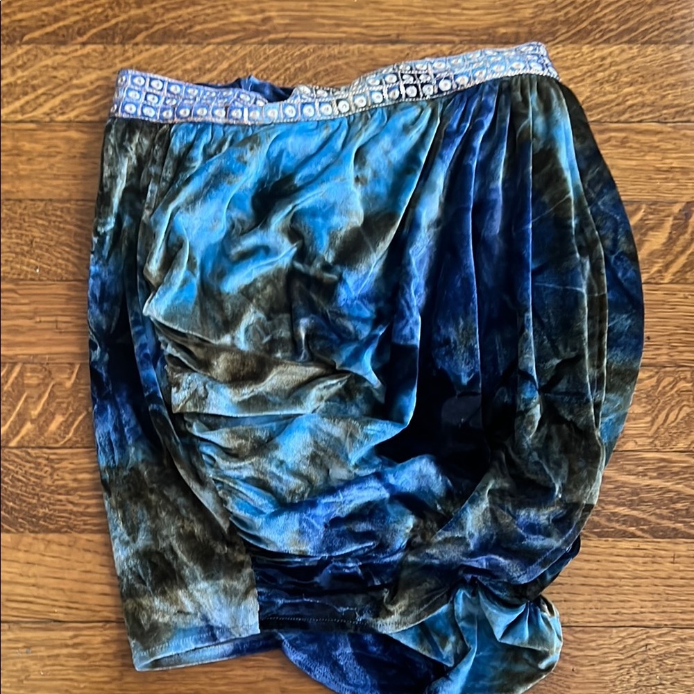 Blue and Black Velvet Skirt with Embellished Waistband